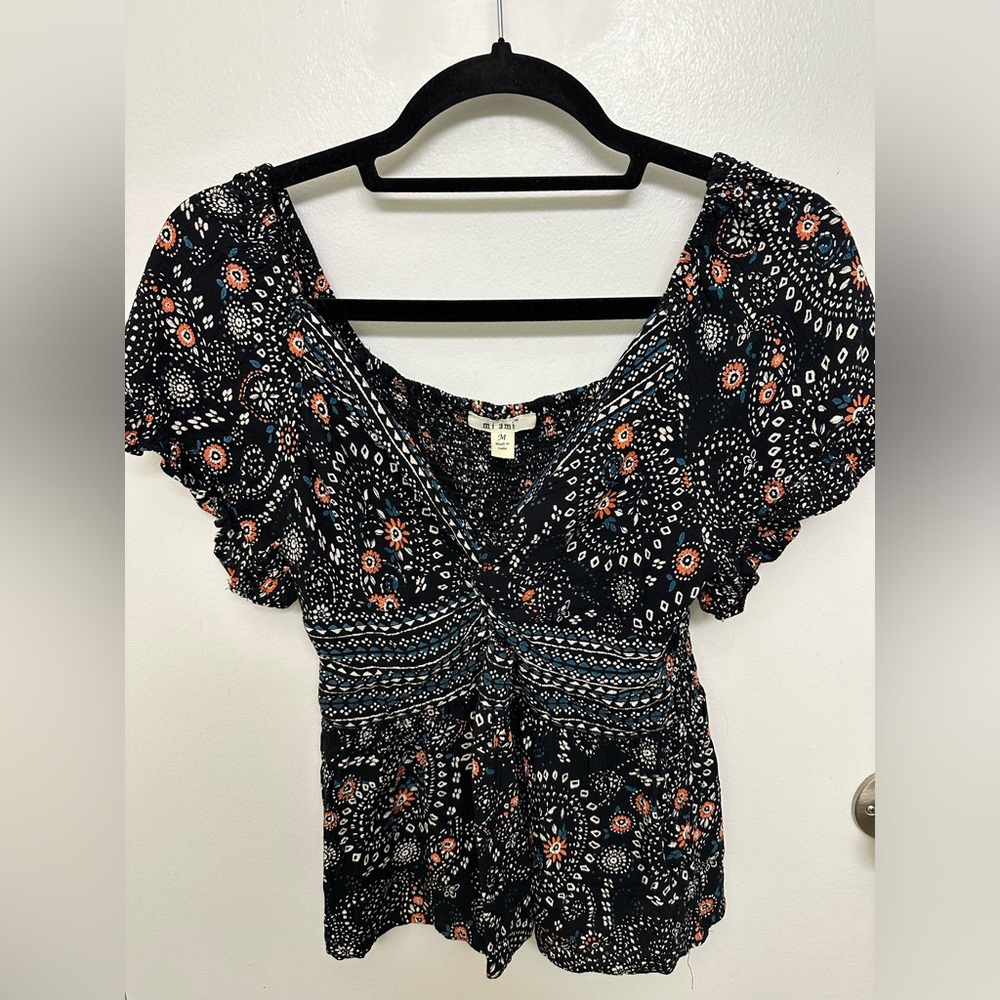 Francesca's Blue Paisley Peplum Keyhole Blouse, Size M